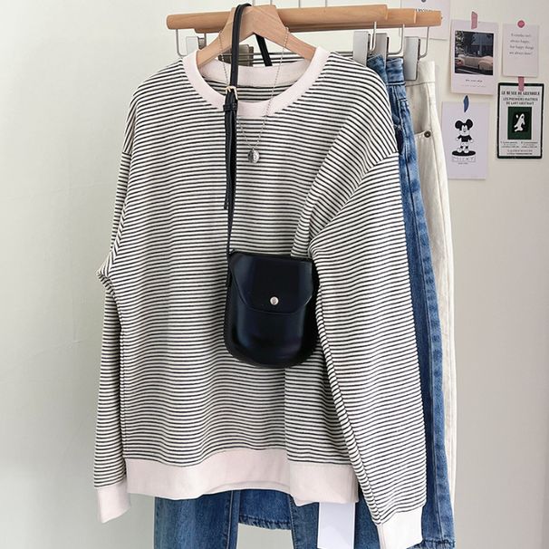 European American Style Striped Texture Thin Sweatshirt For Women, Casual Round-neck Pullover, 2025 Autumn And Winter,_ecoleips.com