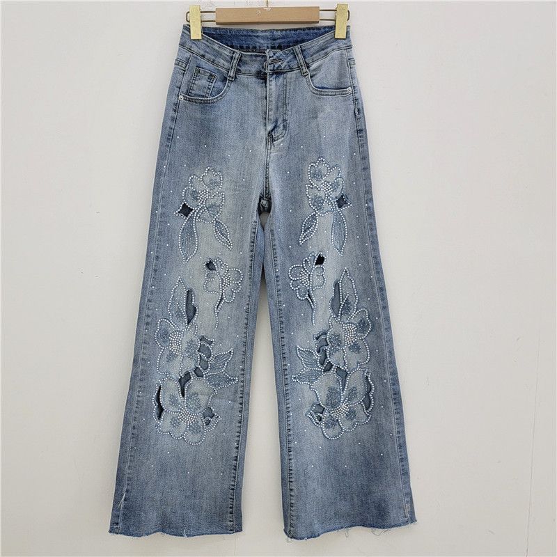 Embroidered Wide Leg Jeans For Women 2025 Spring And Summer New High Waist Loose Design Niche Raw Edge Stretch Straight Pants_ecoleips.com