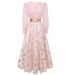 Elegant Princess-Style Chiffon Mesh Square Neck Long Sleeve Dress With Lace-Up Waist & Flared Skirt_ecoleips.com