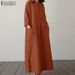 ZANZEA Spring Summer Loose Long Dress For Woman Cotton Linen O-Neck Long Sleeve Side Slit Solid Color Dresses Baggy Robes Femme_ecoleips.com