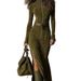 2025 In Stock High-Quality Suede New Autumn European And American Fashion Elegant Temperament Zipper Stand Collar Dress_ecoleips.com
