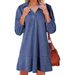 Women's Casual Doll-Style Dress With V-Neck, 7/10 Length, Bubble Sleeves, And Denim Fabric_ecoleips.com