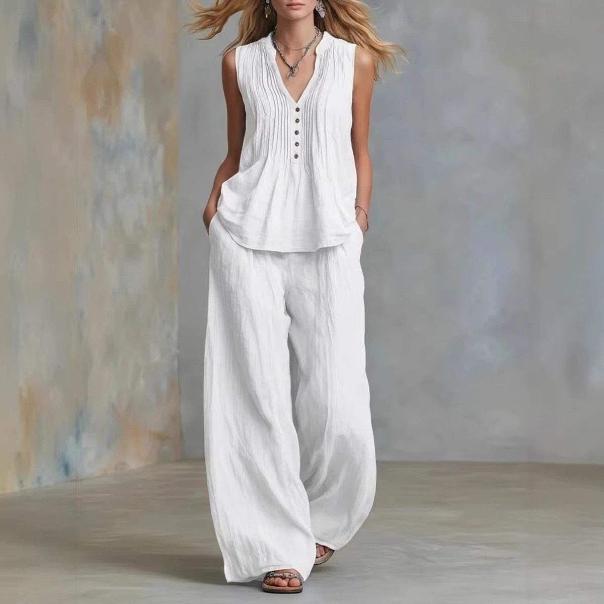 Summer Women's Casual Elegant Sleeveless V-Neck Pant Set Solid Color Fashion American Style Thin Polyester Suit_ecoleips.com