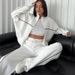 Women's Polyester Blend Stand Collar Zip Hoodie & Striped Drawstring Pants Set - Casual Streetwear (Beige/Light Grey/Black/More, S/M/L/XL)_ecoleips.com