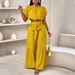 Women's Clothing Wide Leg Pants For Commuting High Waist Green Flared Strappy Drape Pants_ecoleips.com