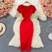 Women's Clothing Tight Slim Square Collar Knitted Dress Short-sleeved Elegant Sexy Spice Girl Hip Long Dress_ecoleips.com