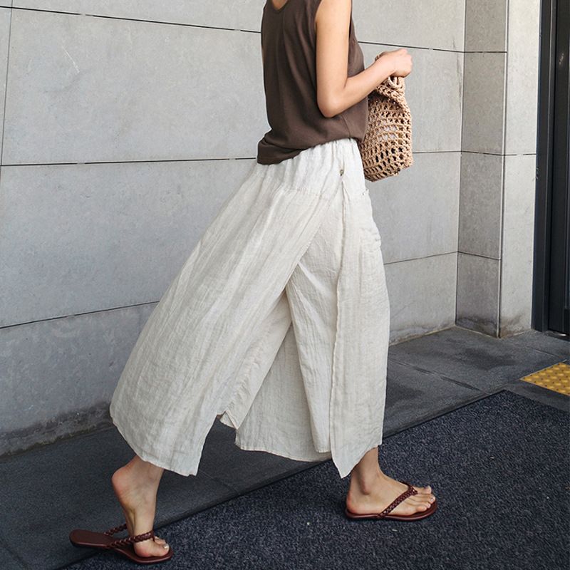 Women's Linen Large Slit Skirt Pants One Piece Loose Wide Leg Casual Nine Point Fake Two Piece Cotton Spring Summer_ecoleips.com