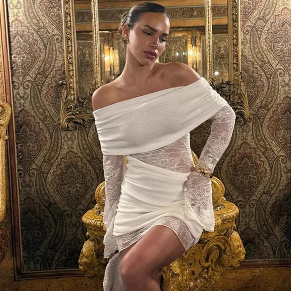 Talenza Elegant Lace Dress Fashion Off-Shoulder Lace See-Through Patchwork Pleated Slim Dress Summer Luxury Women's Party Dress_ecoleips.com