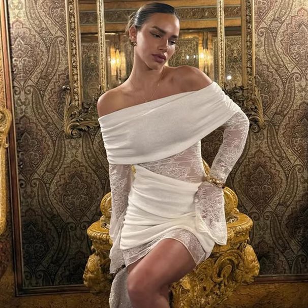 Talenza Elegant Lace Dress Fashion Off-Shoulder Lace See-Through Patchwork Pleated Slim Dress Summer Luxury Women's Party Dress_ecoleips.com