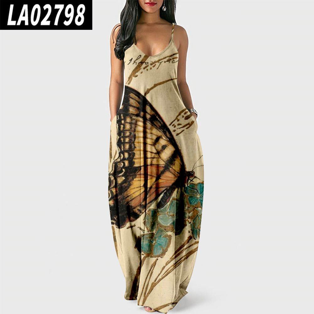 Women's Clothing Suspender Long Skirt Butterfly Print Digital Print Temperament Street Dress_ecoleips.com