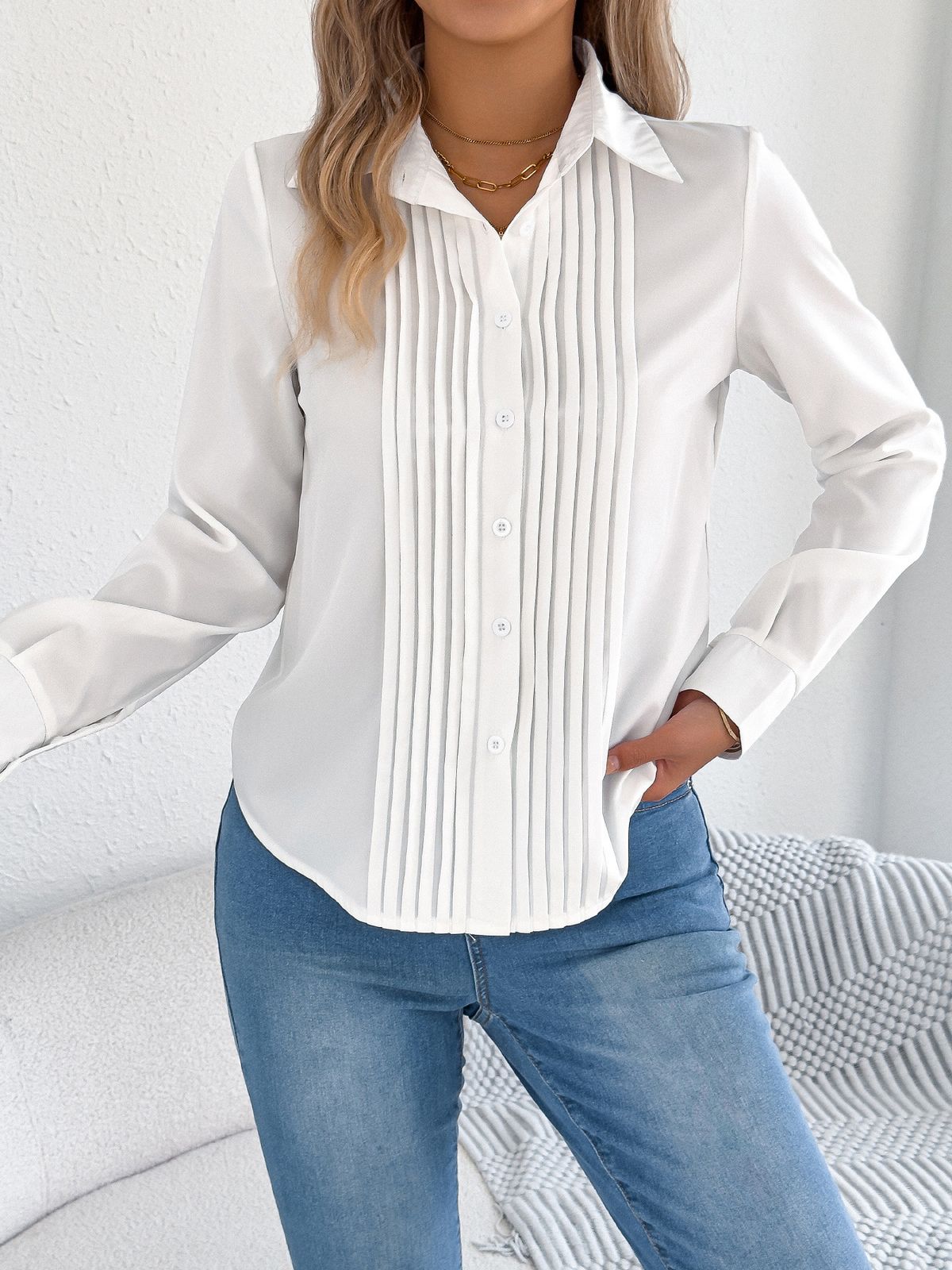 K Elegant Pleated Solid Color Button Long Sleeved Commuting Shirt For Women_ecoleips.com