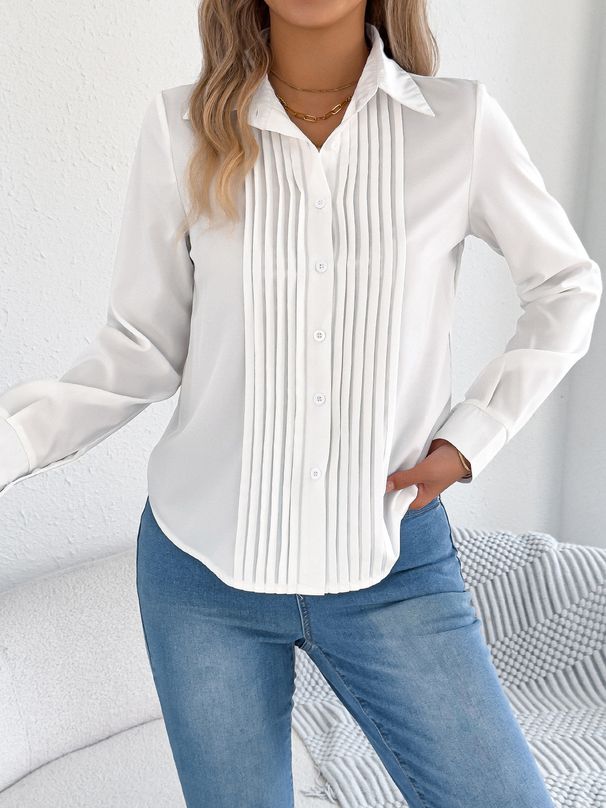 K Elegant Pleated Solid Color Button Long Sleeved Commuting Shirt For Women_ecoleips.com