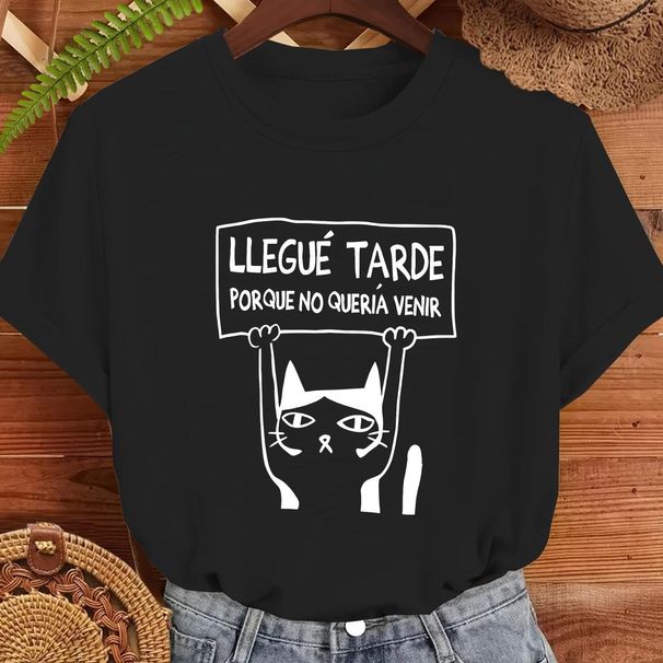 Women's Casual Short Sleeve T-Shirt Cute Minimalist Cat Graphic With Spanish Quote Print Black Stretch Round Neck Spring Summer_ecoleips.com