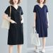 plus Size Women's Summer T-Shirt Dress Loose Korean Style Mid-Length V Neck Solid Color Slimming Short Sleeve for Curvy_ecoleips.com