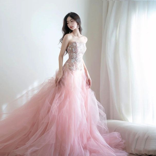 Fairy-like Romantic Pink Bride Toast Banquet Performance Host Wedding Dress High-end Evening Gown_ecoleips.com