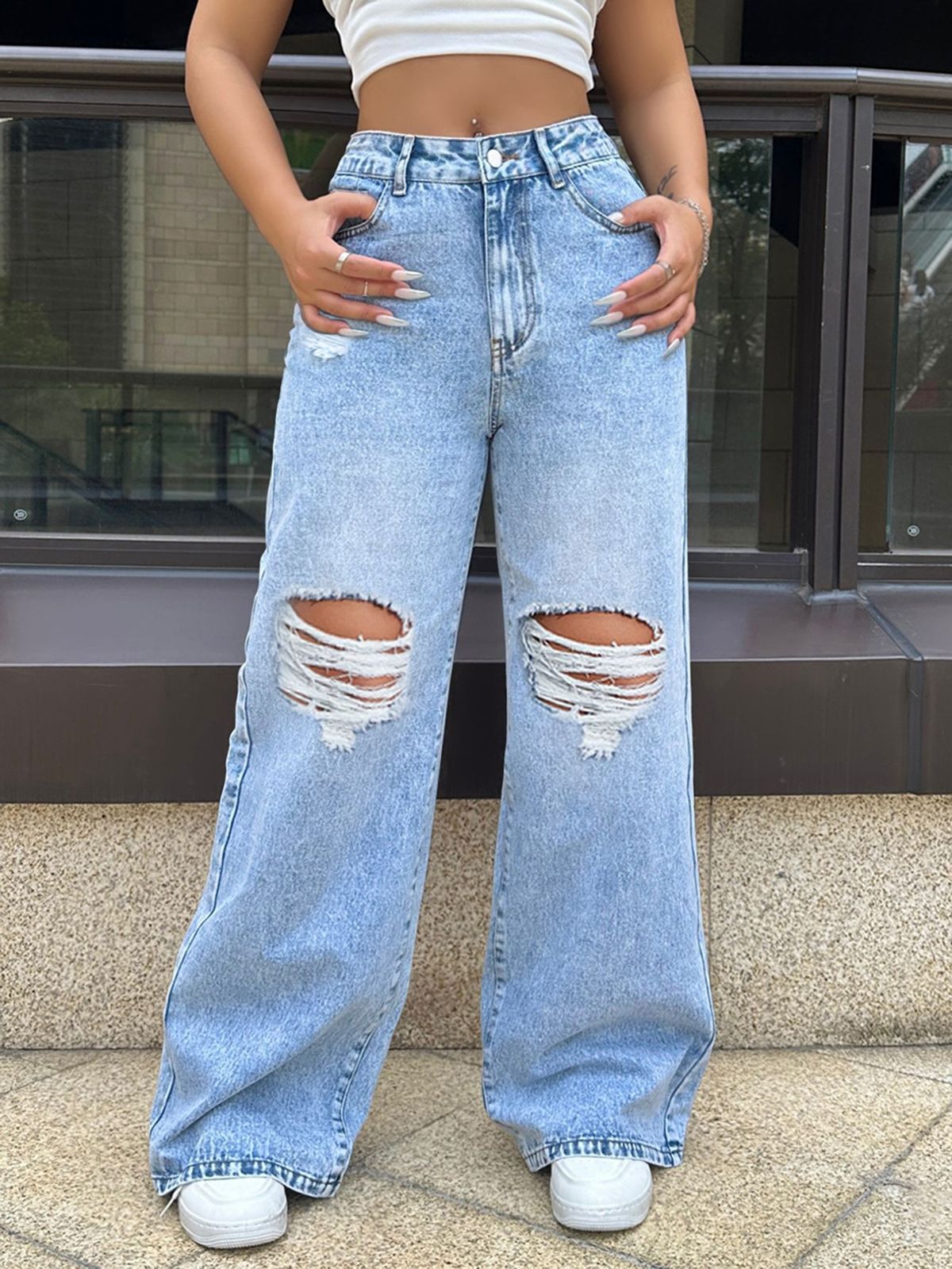 Women's High Waist Loose Fit Ripped Denim Jeans - Street Style Distressed Wide Leg Pants With Stretch Comfort_ecoleips.com