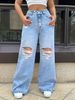 Women's High Waist Loose Fit Ripped Denim Jeans - Street Style Distressed Wide Leg Pants With Stretch Comfort_ecoleips.com