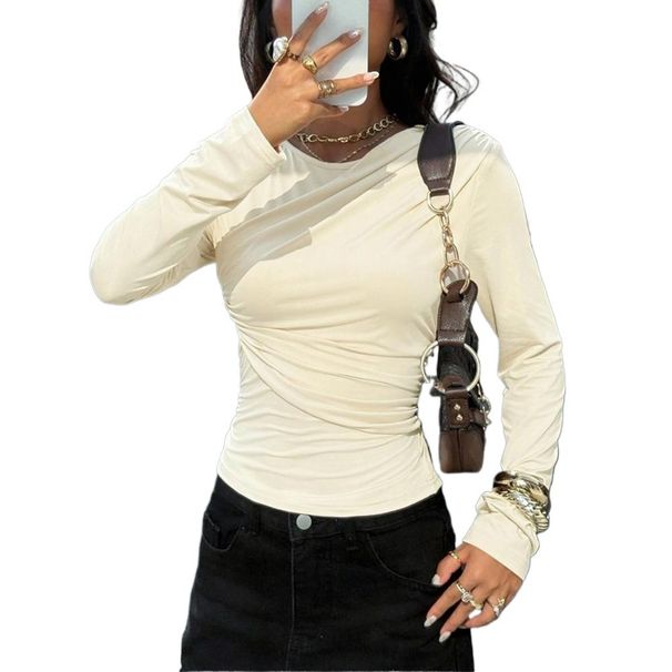 Voya Women's French Style Niche Beige Top With Irregular Cross Fold Design On The Front Chest, Long Sleeved Loose And Slimming Cover Up_ecoleips.com