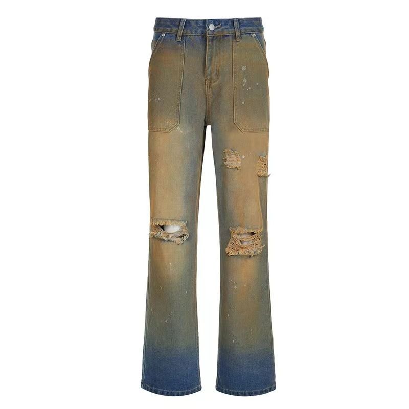 Distressed High Waist Straight Leg Jeans For Women - Vintage Washed Denim Pants With Faded Ombre & Splatter Paint Details_ecoleips.com