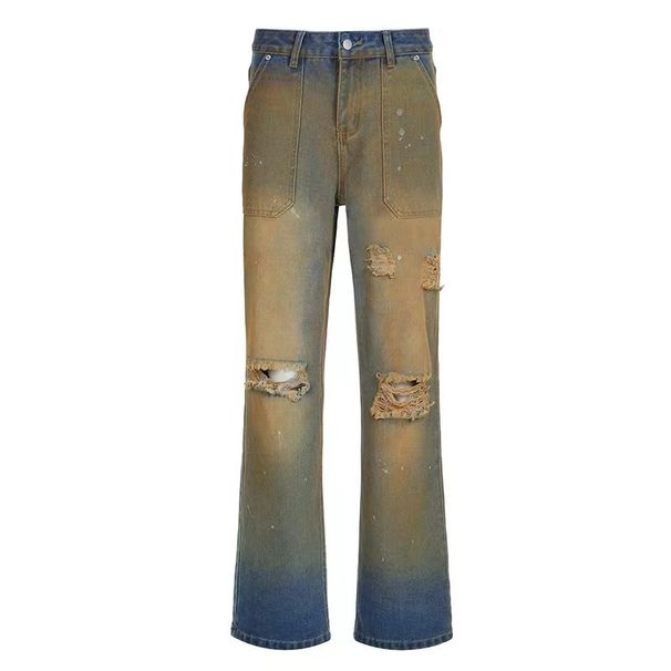 Distressed High Waist Straight Leg Jeans For Women - Vintage Washed Denim Pants With Faded Ombre & Splatter Paint Details_ecoleips.com