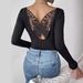 European And American Cross-border 2026 Back Cutout Butterfly Lace Long-sleeve Solid Color T-shirt, Slimming Top,_ecoleips.com