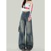 Unique Retro Blue Ripped Wide-leg Jeans For Women, Summer American-style Distressed Loose Straight-leg Pants, Versatile_ecoleips.com