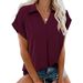 Women's V-Neck Short Sleeve Blouse - Breathable Polyester & Cotton Blend, Relaxed Fit, Solid Color Casual Shirt For Everyday Wear_ecoleips.com