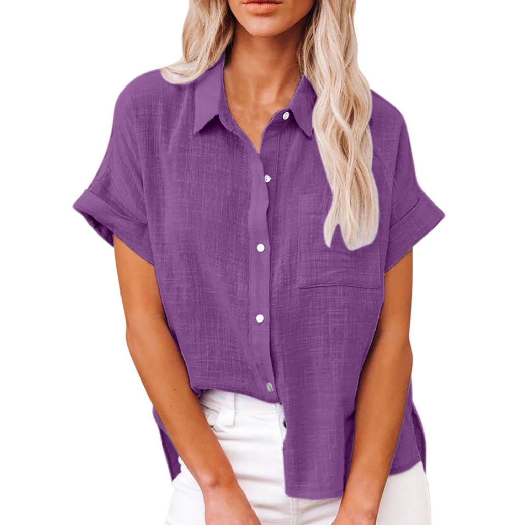 Verve Summer New Women's Solid Color Linen Shirt Short Sleeve Casual Loose Blouse_ecoleips.com