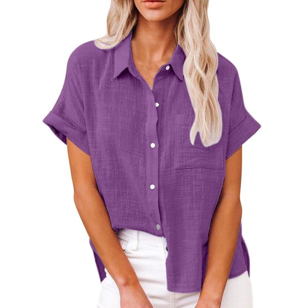 Verve Summer New Women's Solid Color Linen Shirt Short Sleeve Casual Loose Blouse_ecoleips.com