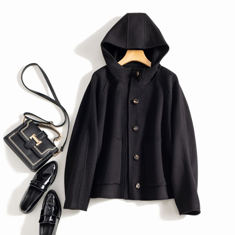 Women's Clothing quality double sided wool coat with hood and short button for women_ecoleips.com