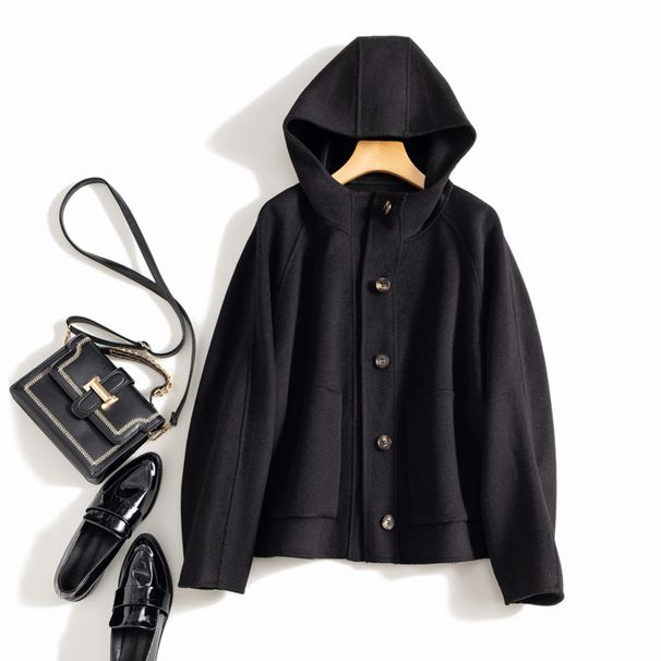 Women's Clothing quality double sided wool coat with hood and short button for women_ecoleips.com
