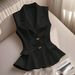Women's Slim Fit Vest European American Style Suit Collar Double Breasted Bow Solid Color Gold Buttons Ruffled Hem Commuter Jacket_ecoleips.com