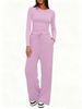 Women's Solid Color Casual Long Sleeved Set High Waisted Wide Leg Pants Sportswear Top And Bottoms_ecoleips.com