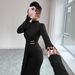 Spring New Arrival Women's Stand Collar Knitted Dress Solid Color Slim Fit Metal Button Style_ecoleips.com