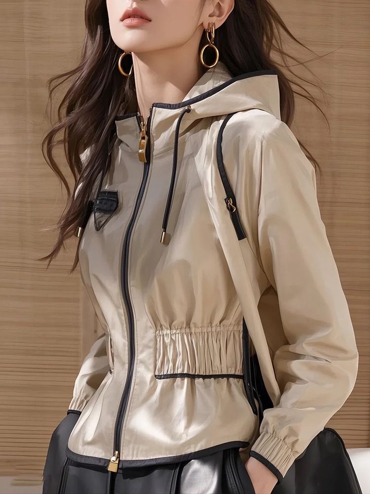 Spring European-style Unique And Super Stylish High-end Casual Outdoor Khaki Hooded Jacket For Women_ecoleips.com