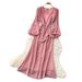Retro Polka Dot V Neck Puff Sleeve Dress Slimming Elegant mid Length Summer Style Women's Commuting Dress_ecoleips.com