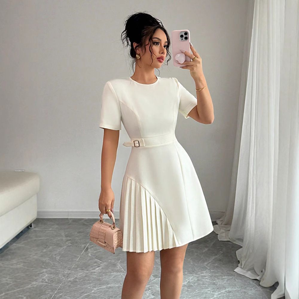Women's Slim Fit Patchwork Dress Waist Cinching Pleated Short Sleeved Cargo Skirt European American Style Summer_ecoleips.com