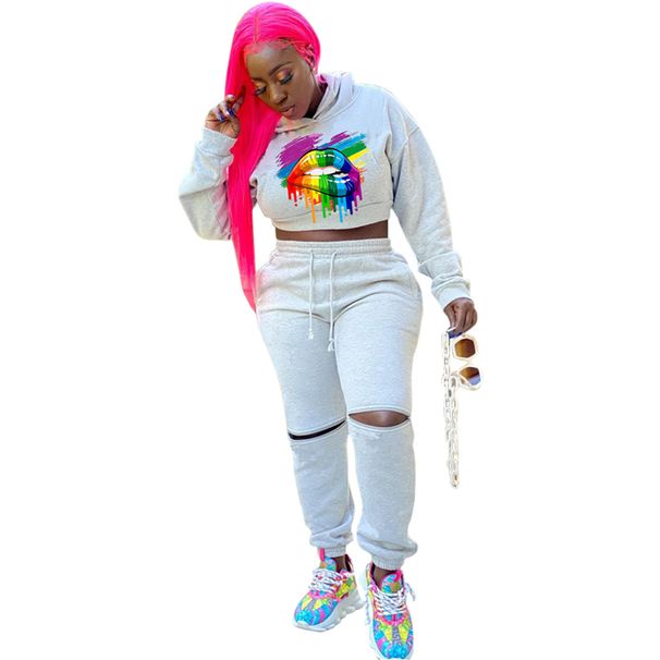 Lips Print Hoodie & Pants Set – Trendy Women's Streetwear (S-XXL, Light Gray)_ecoleips.com