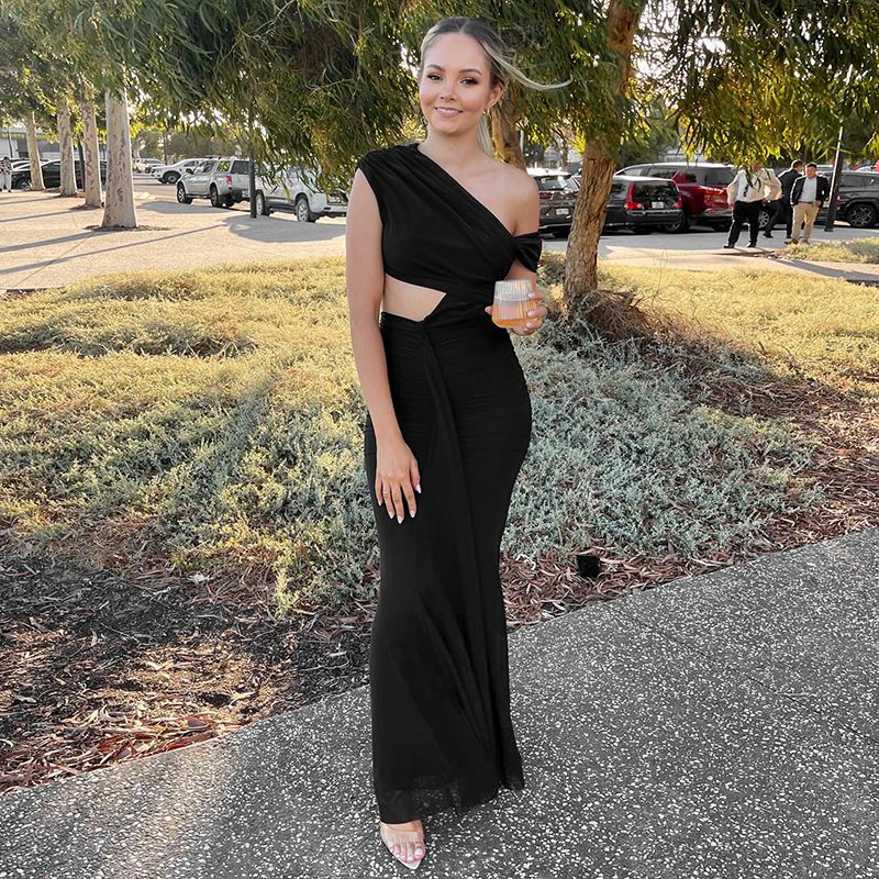 European And American Style Women's Clothing New Fashion Elegant Solid Color Oblique Collar Sleeveless Ribbon Dress_ecoleips.com