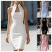 Elegant High-Neck Sleeveless Bodycon Party Dress For Women - Slim Fit, Mid-Length, Stretch Polyester, Available In White, Sky Blue, Pink, Black_ecoleips.com