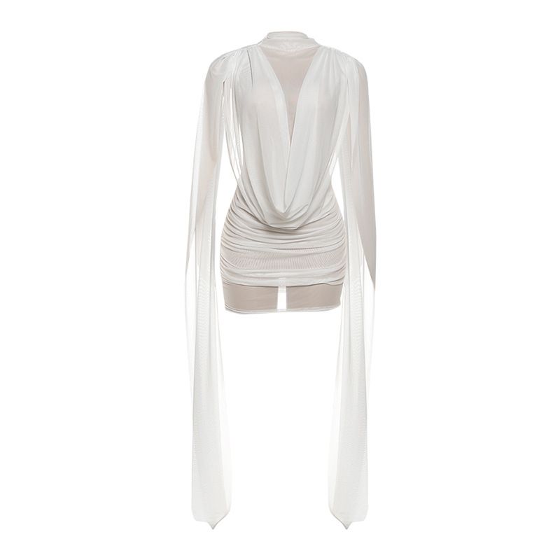 European And American Cross-Border Autumn Winter New Women's Fashion Half High Collar Double Layer Spliced Mesh Ribbon_ecoleips.com