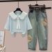 Women's Clothing Women's Fashionable Two-Piece Set With Navy Collar Lace Trimmed Faux Top Paired With Ethnic Style Style Jeans_ecoleips.com