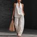 Women's Halter Neck V Neck Cotton Linen Blend Camisole Set Loose Fitting Commuterwear_ecoleips.com