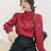 Elegant Satin Blouse – Vintage-Inspired Mandarin Collar Top For Women | Stretch Polyester Office Wear & Casual Chic Outfits_ecoleips.com
