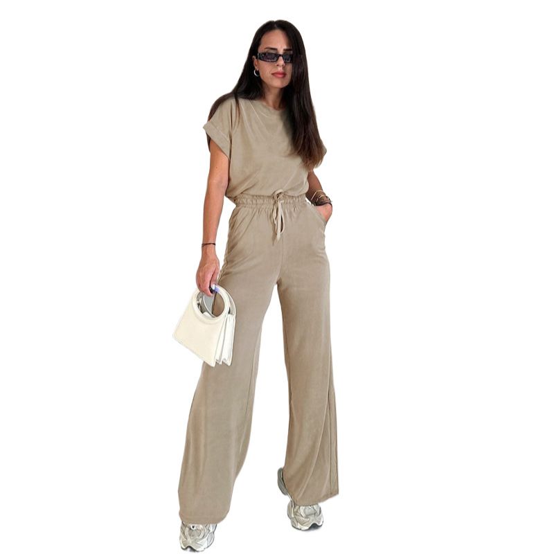 Women's Clothing Women's Spring Summer Solid Color Round Neck Short Sleeve Top With High Waist Wide Leg Pants Fashion Casual Outfit Set_ecoleips.com