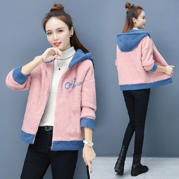 "Women's Fleece-Lined Hooded Jacket Winter Cozy Pullover Sherpa Lined Zip-Up Outerwear Casual Korean Style Blue & Pink"_ecoleips.com