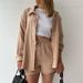 European And American Women's Two-Piece Wrinkled Fabric Turn-Down Collar Long Sleeve Shirt High Waist Drawstring Shorts_ecoleips.com
