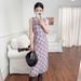 SW Pink And Purple Plaid V-neck With Twited Houlder Trap For Women, 2026 Ummer New Tyle, Pleated Wait Deign_ecoleips.com