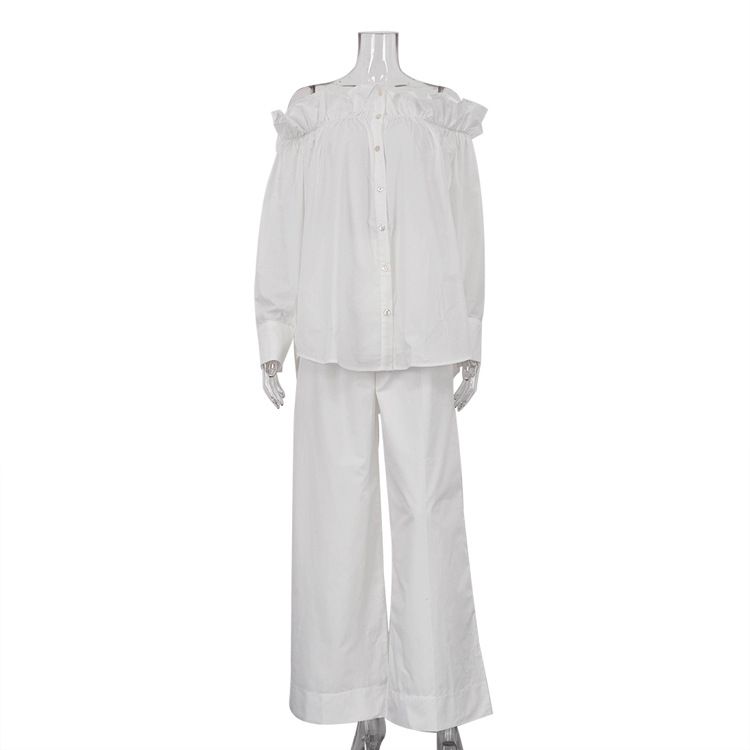 Women’s Clothing Ruffled One Shoulder Cardigan Women's White Shirt Loose Wide Leg Pants Fashion Suit Long Sleeve French Two Piece Suit_ecoleips.com