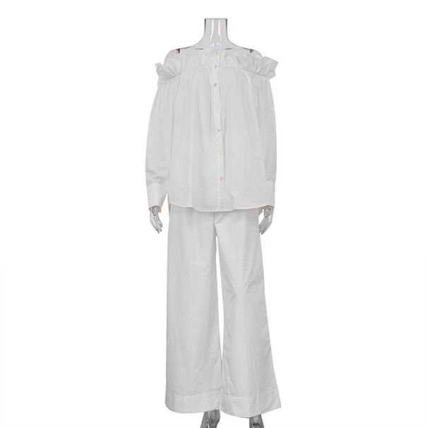 Women’s Clothing Ruffled One Shoulder Cardigan Women's White Shirt Loose Wide Leg Pants Fashion Suit Long Sleeve French Two Piece Suit_ecoleips.com